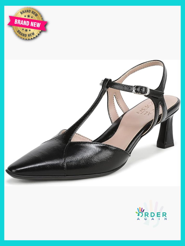 Faux Leather Slingback Pumps Adjustable Buckle T-Strap Snip Toe Flare Heel